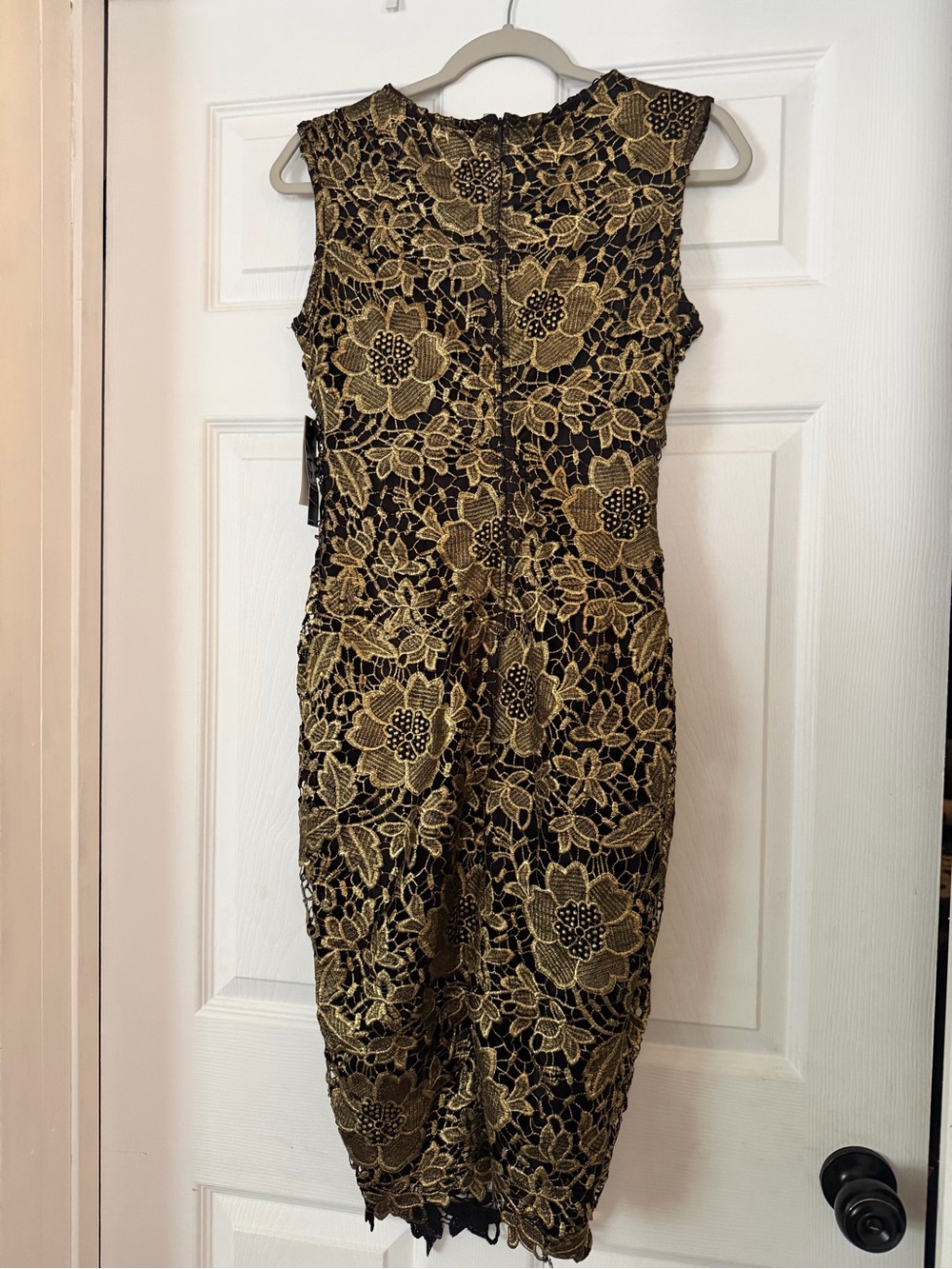 New York & Company Black and Gold Floral Lace Midi Sheath Dress - Picture 6 of 8